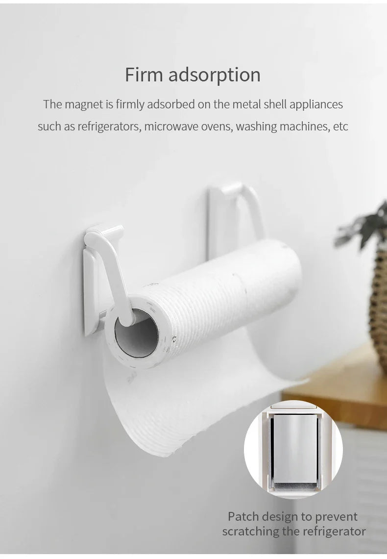 Simple Toilet Paper Holder Kitchen Refrigerator Magnet Wall-Mounted Magnetic Storage Rack Cling Film Hanger - WHITE