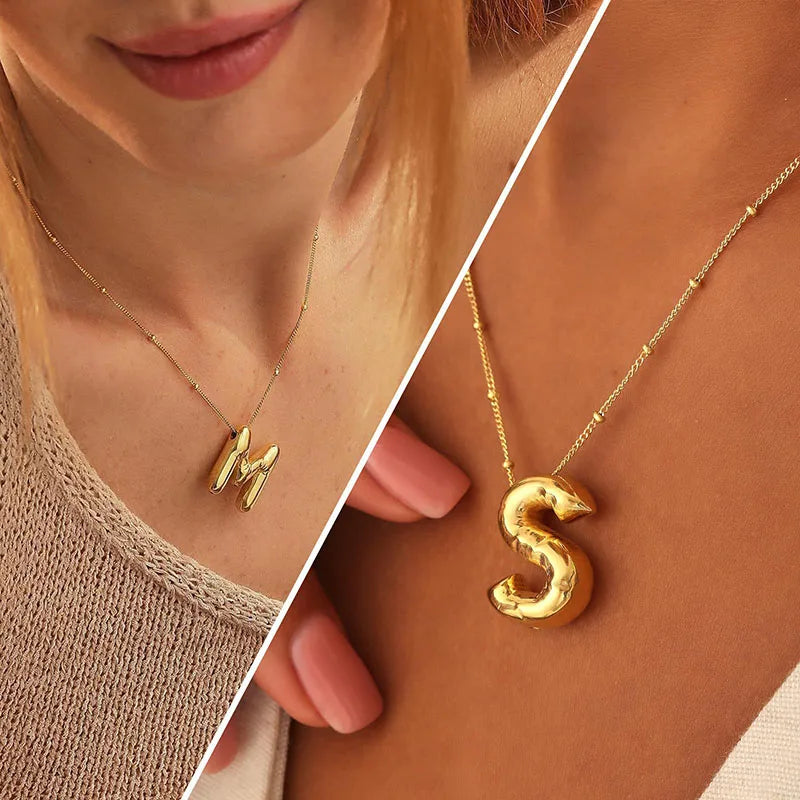 Smooth Chunky Bubble letter Initial Pendant Necklace Women Personality Jewelry Gold Color Balloon 26 Letter Necklaces