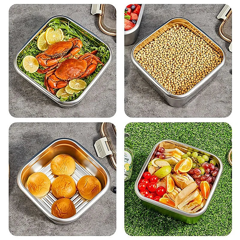 Stainless Steel Food Container Fresh Keeping Box Sealed Lid Crisper Lunch Meal Prep Storage Fridge Kitchen Set Round