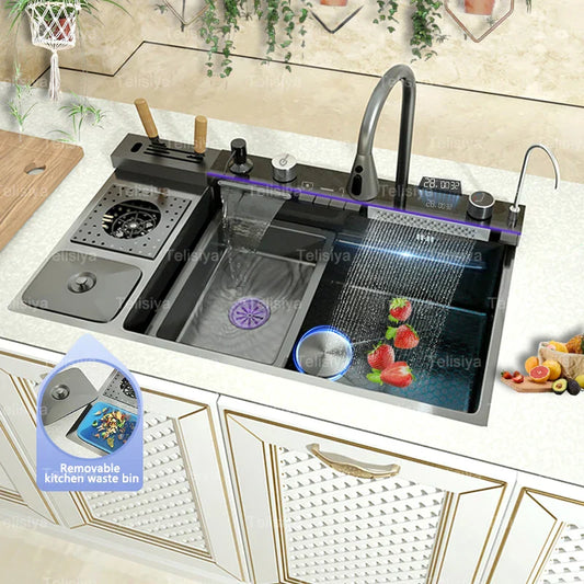 Stainless Steel Kitchen Sink with Trash Can Embossed Wash Basin with Waterfall Faucet Digital Display Large Single Solt