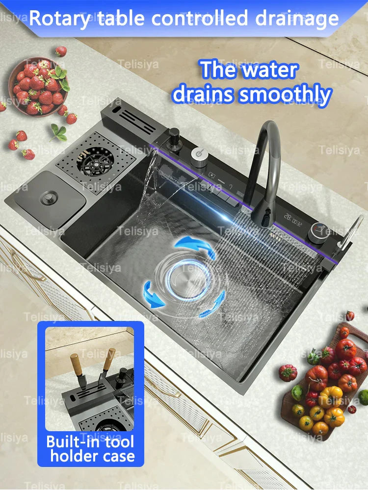 Stainless Steel Kitchen Sink with Trash Can Embossed Wash Basin with Waterfall Faucet Digital Display Large Single Solt