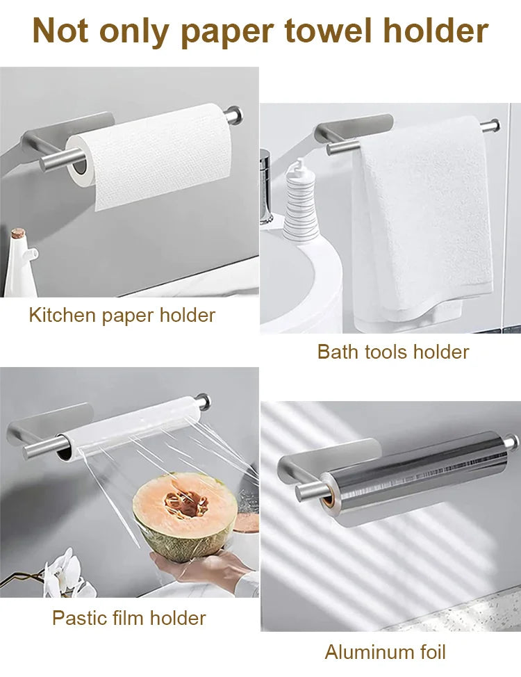 Stainless Steel Paper Towel Holder Adhesive Toilet Roll Paper Holder No Hole Punch Kitchen Bathroom Toilet Lengthen