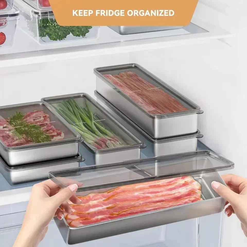 Stainless Steel Refrigerator Meat Storage Box Food Storage Containers with Lid Refrigerator Organizer Container Kitchen