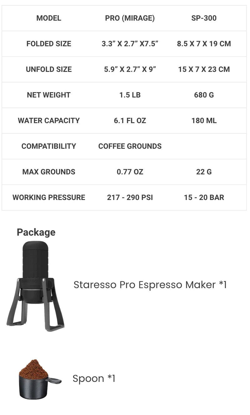 STARESSO Mirage SP300 Plus Portable Espresso Maker Manual Coffee Maker 180ml Coffee Pot Quick Brew Double Shots Creamy