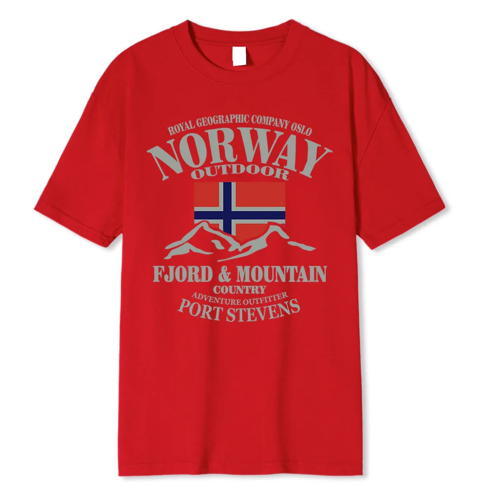 Summer Norway Flag Fjord Mountain T Shirt Crazy Hip Hop Men’s Shirt Cotton Crewneck Plus Size Short Sleeve Funny