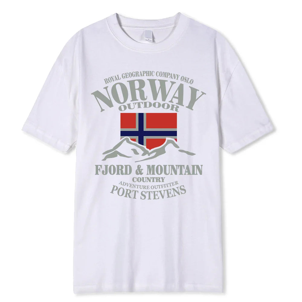 Summer Norway Flag Fjord Mountain T Shirt Crazy Hip Hop Men’s Shirt Cotton Crewneck Plus Size Short Sleeve Funny