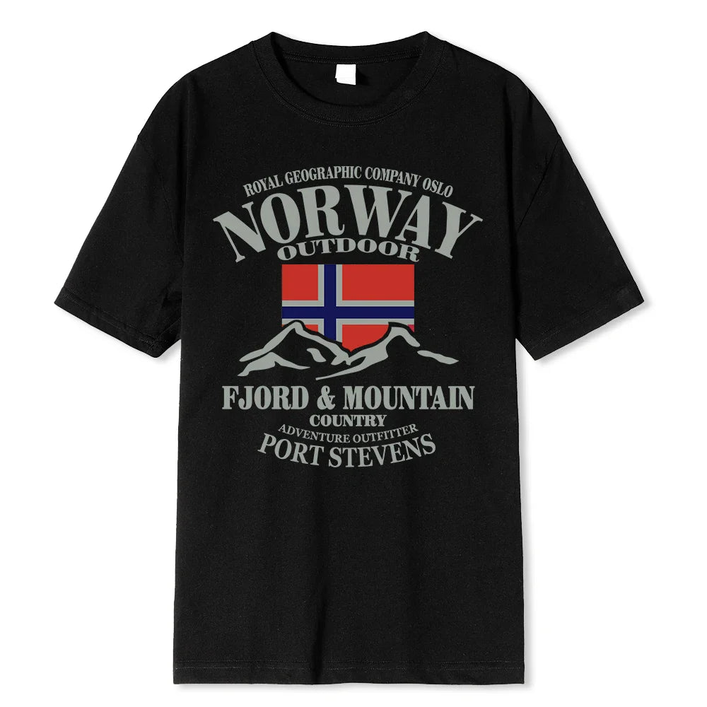 Summer Norway Flag Fjord Mountain T Shirt Crazy Hip Hop Men’s Shirt Cotton Crewneck Plus Size Short Sleeve Funny