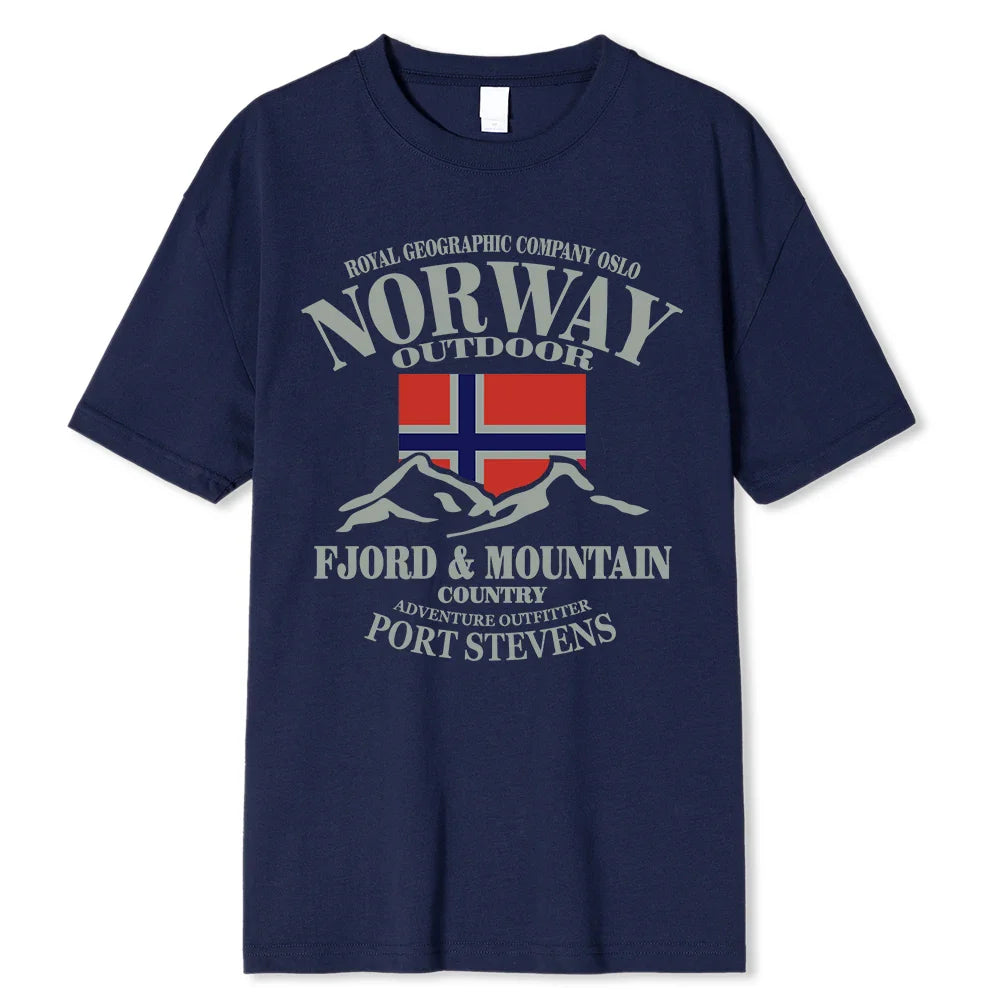 Summer Norway Flag Fjord Mountain T Shirt Crazy Hip Hop Men’s Shirt Cotton Crewneck Plus Size Short Sleeve Funny