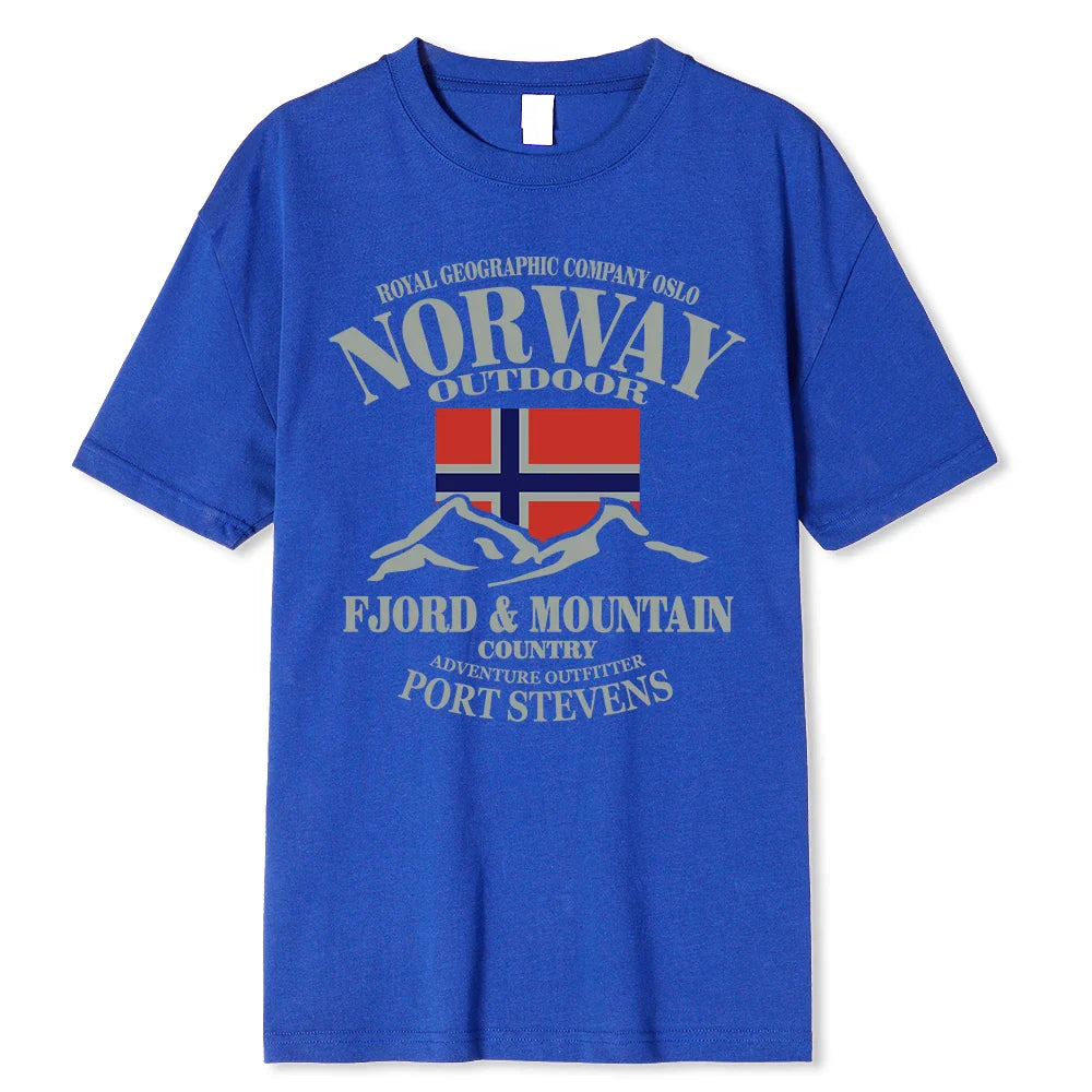 Summer Norway Flag Fjord Mountain T Shirt Crazy Hip Hop Men’s Shirt Cotton Crewneck Plus Size Short Sleeve Funny