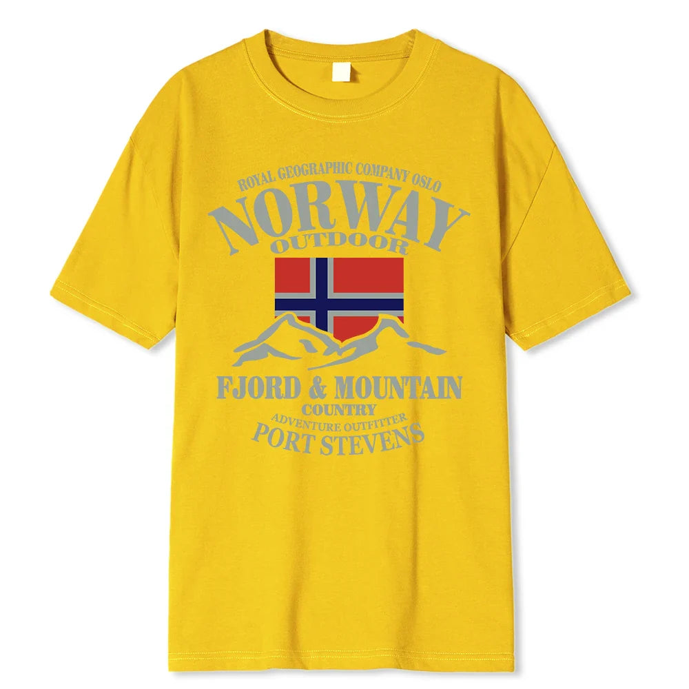 Summer Norway Flag Fjord Mountain T Shirt Crazy Hip Hop Men’s Shirt Cotton Crewneck Plus Size Short Sleeve Funny