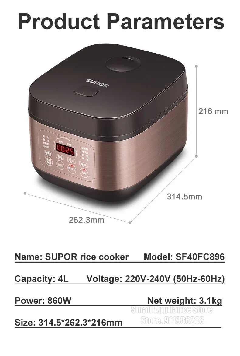 SUPOR 4L Rice Cooker Automatic Household Kitchen Electric Cooking Machine 2-8 People Food Warmer Steamer For Dormitory