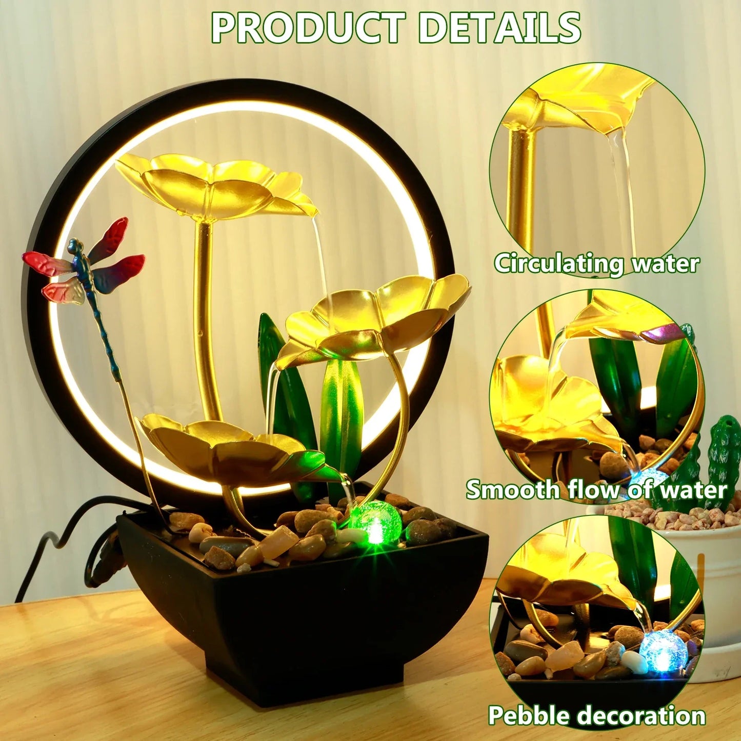 Tabletop Waterfall Home Decor Desktop Fountain Ornaments with Light Relaxation Meditation Flowing Water Fountain Atmos