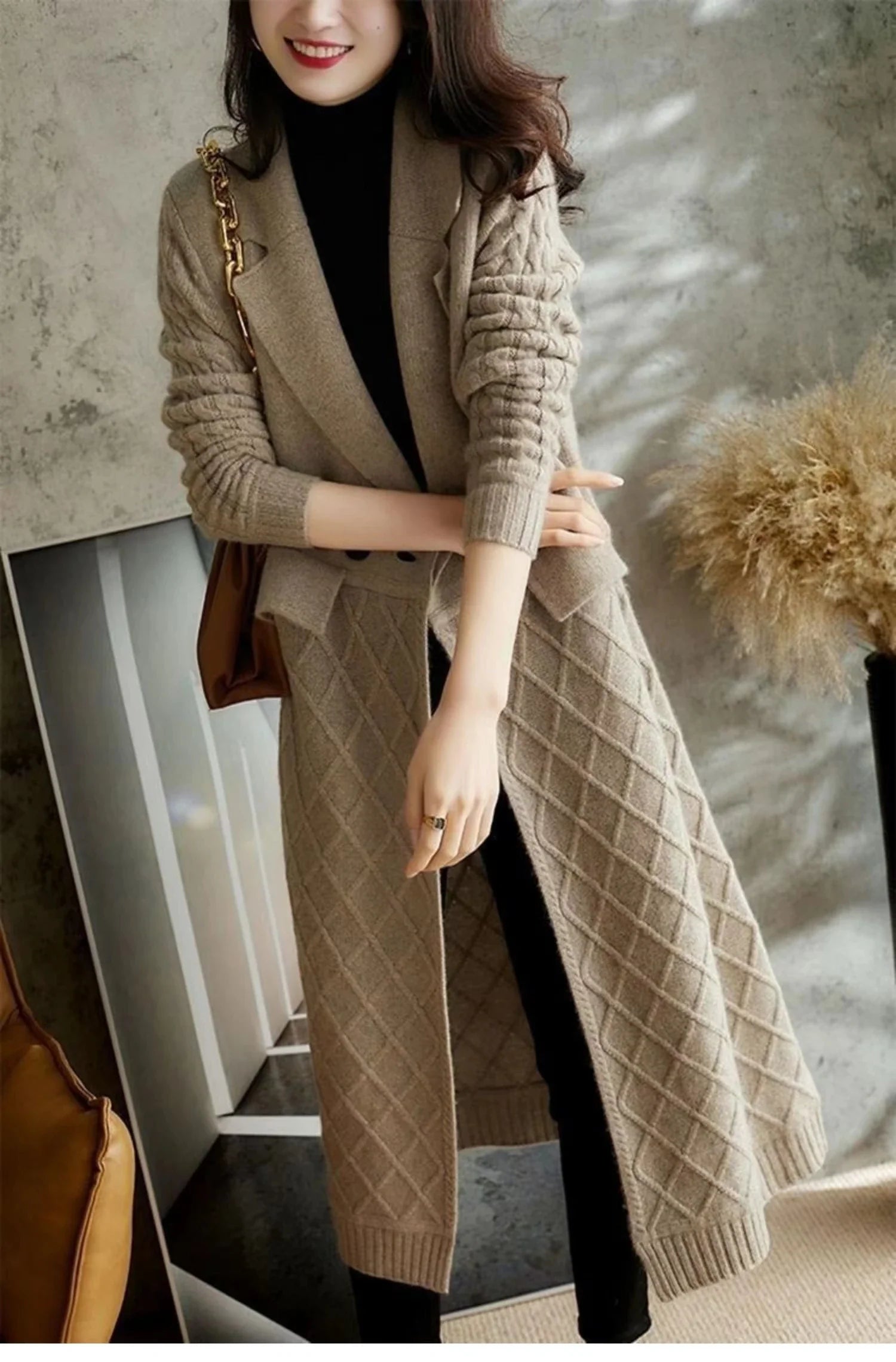 Temperament long over knee cashmere cardigan female autumn winter loose Korean version of thin wool overcoat sweater