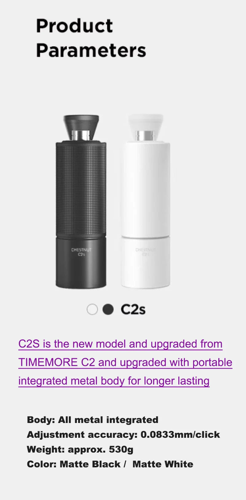 TIMEMORE Chestnut C2S Manual Coffee Grinder New Upgrade Integrated Metal Body Portable Hand Grinder Great For Travel