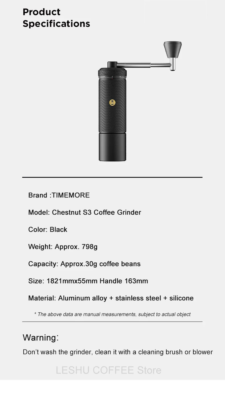 TIMEMORE CHESTNUT S3 Manual Coffee Grinder External Adjustment 0.015mm/click S2C890 Burr Inside Hand Espresso Grinder