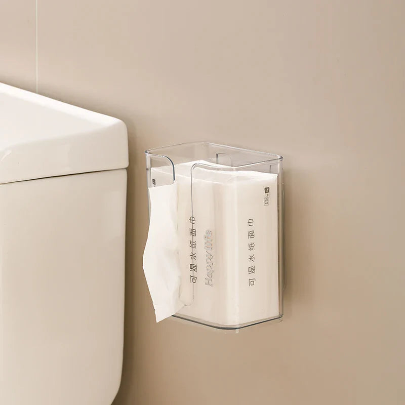 Transparent Plastic Tissue Box for Bathroom Sucker-Type Wall-Mounted Facial Tissue Storage and Hand Towel Box