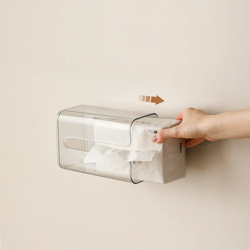 Transparent Plastic Tissue Box for Bathroom Sucker-Type Wall-Mounted Facial Tissue Storage and Hand Towel Box