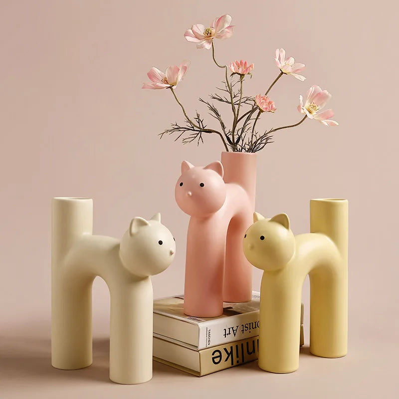 Tube Shaped Cat Resin Vase Creative Cute Modern Minimalist Home Vase Decoration Flower Vase