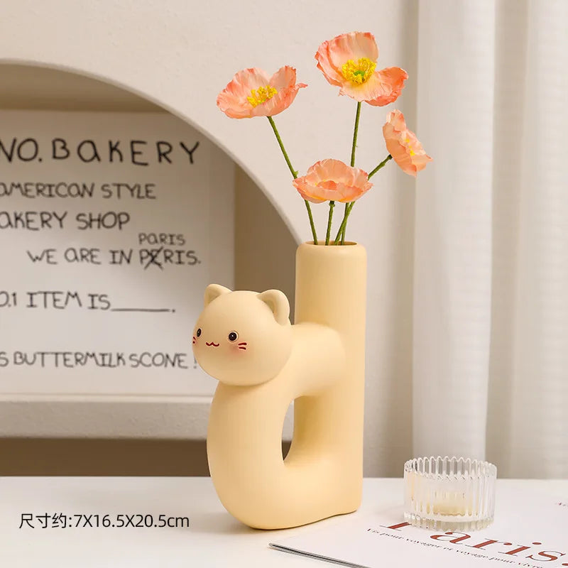 Tube Shaped Cat Resin Vase Creative Cute Modern Minimalist Home Vase Decoration Flower Vase