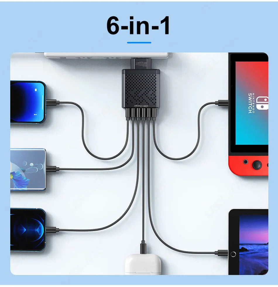 USLION 6 In 1 USB Charger QC3.0 Fast Charging Quick Charger For Samsung S23 Xiaomi Mobile Phone Charge Adapter