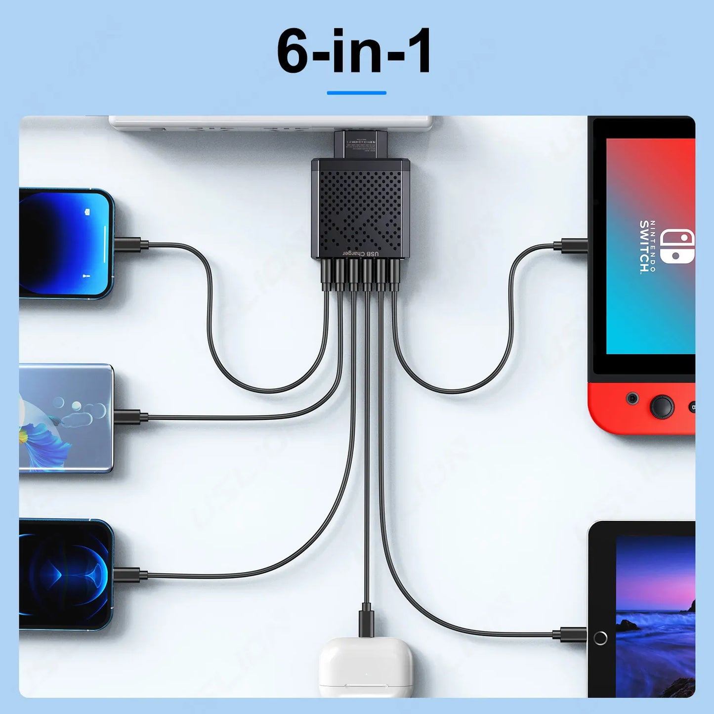 USLION 6 In 1 USB Charger QC3.0 Fast Charging Quick Charger For Samsung S23 Xiaomi Mobile Phone Charge Adapter