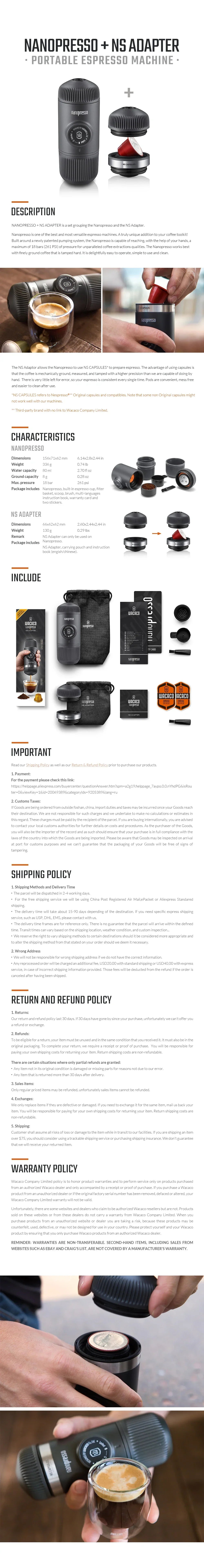 Wacaco Nanopresso Portable Espresso Maker Bundled with NS Adapter Compact Travel Coffee Maker Coffee Drinks on the Go