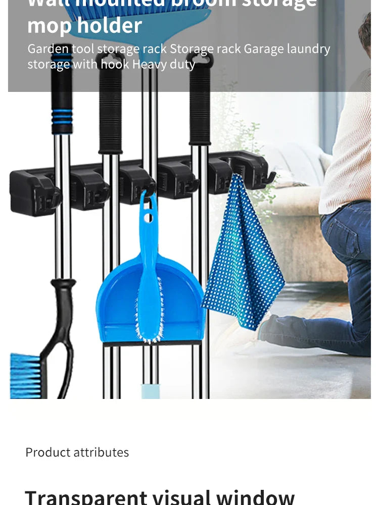 Wall Mounted Mop Holder 3/4/5 Position Multi-Functional Broom Hanger Shelf Home Kitchen Storage Black Magic Plastic Mop