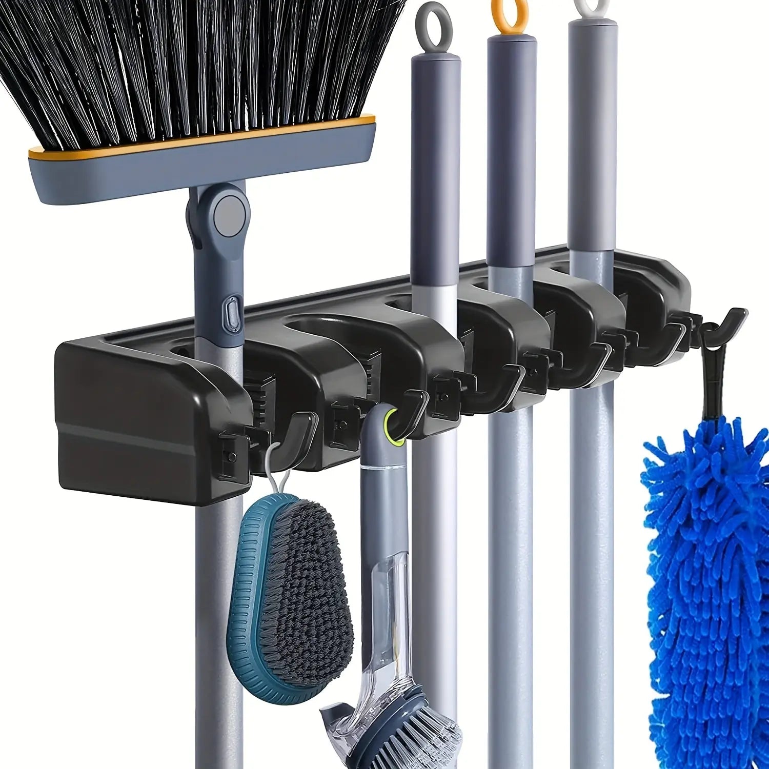 Wall Mounted Mop Holder 3/4/5 Position Multi-Functional Broom Hanger Shelf Home Kitchen Storage Black Magic Plastic Mop