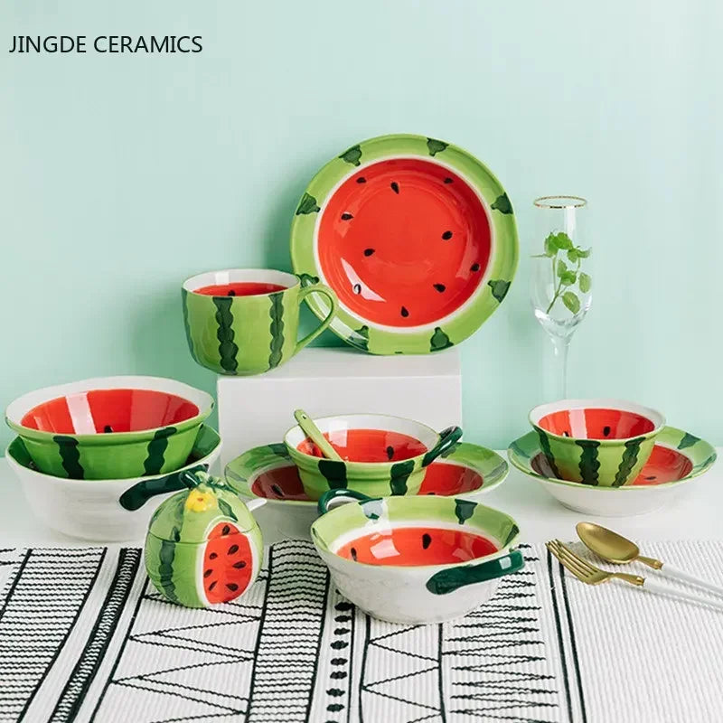 Watermelon Bowl Ceramic Bowl Plate Set Home Ramen Bowl Cute Hand-painted Tableware Children’s Rice Bowls Kitchen