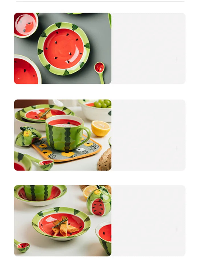 Watermelon Bowl Ceramic Bowl Plate Set Home Ramen Bowl Cute Hand-painted Tableware Children’s Rice Bowls Kitchen