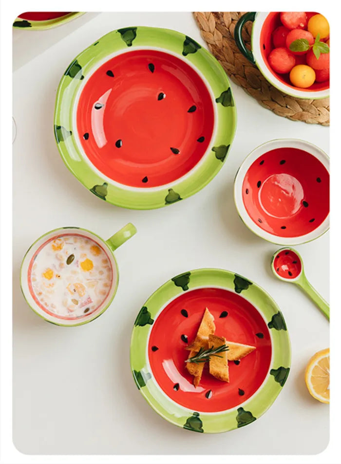 Watermelon Bowl Ceramic Bowl Plate Set Home Ramen Bowl Cute Hand-painted Tableware Children’s Rice Bowls Kitchen