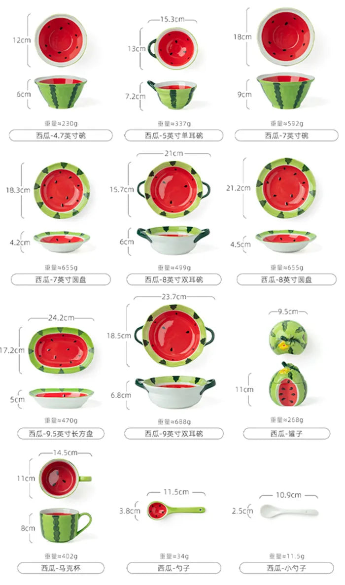 Watermelon Bowl Ceramic Bowl Plate Set Home Ramen Bowl Cute Hand-painted Tableware Children’s Rice Bowls Kitchen