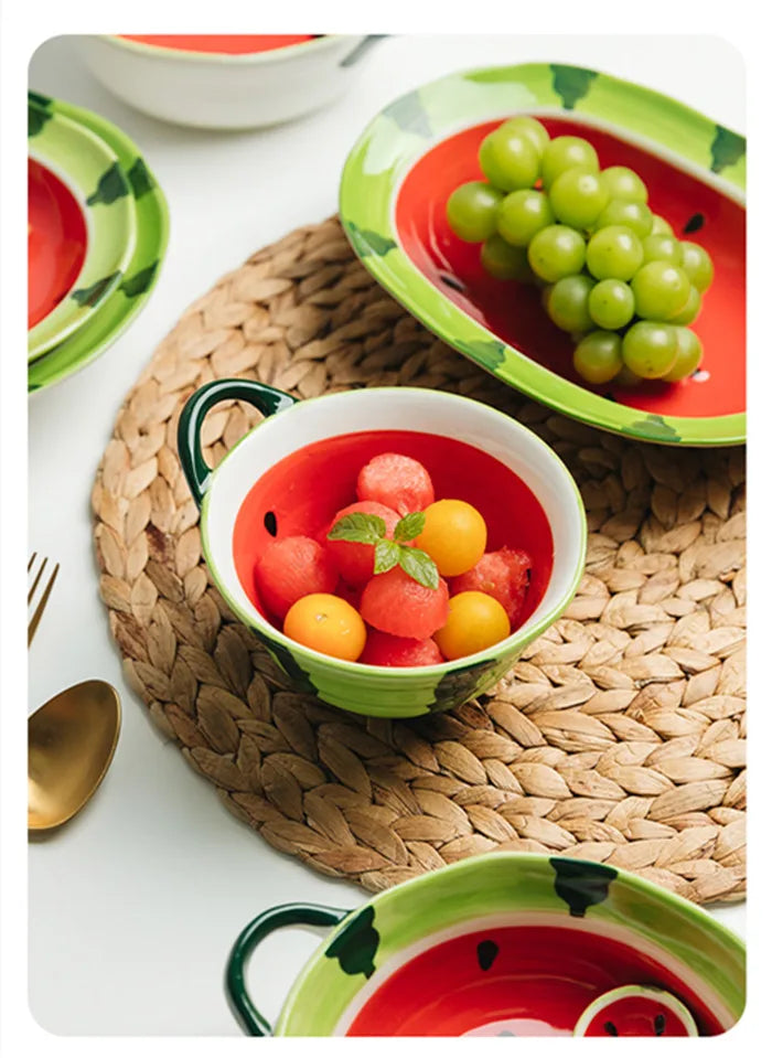 Watermelon Bowl Ceramic Bowl Plate Set Home Ramen Bowl Cute Hand-painted Tableware Children’s Rice Bowls Kitchen