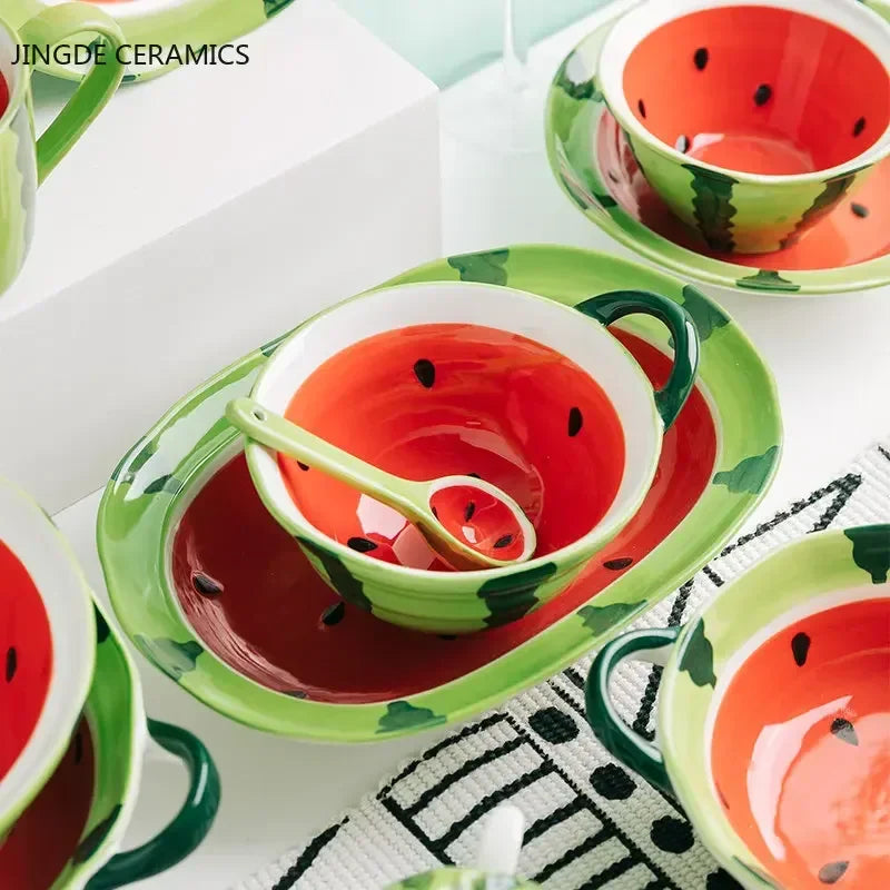 Watermelon Bowl Ceramic Bowl Plate Set Home Ramen Bowl Cute Hand-painted Tableware Children’s Rice Bowls Kitchen