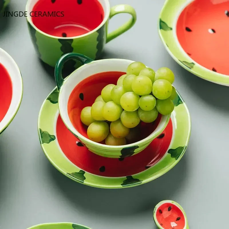 Watermelon Bowl Ceramic Bowl Plate Set Home Ramen Bowl Cute Hand-painted Tableware Children’s Rice Bowls Kitchen