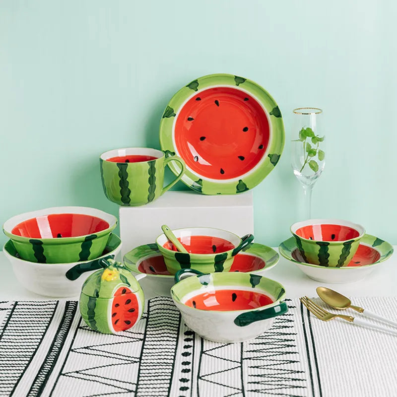 Watermelon Bowl Ceramic Bowl Plate Set Home Ramen Bowl Cute Hand-painted Tableware Children’s Rice Bowls Kitchen