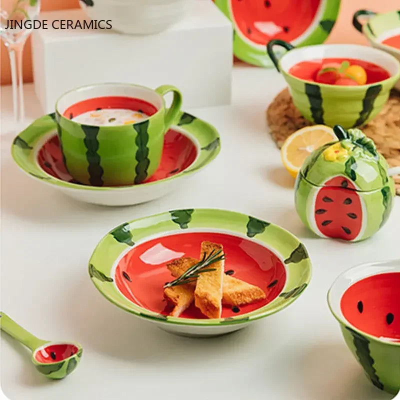 Watermelon Bowl Ceramic Bowl Plate Set Home Ramen Bowl Cute Hand-painted Tableware Children’s Rice Bowls Kitchen