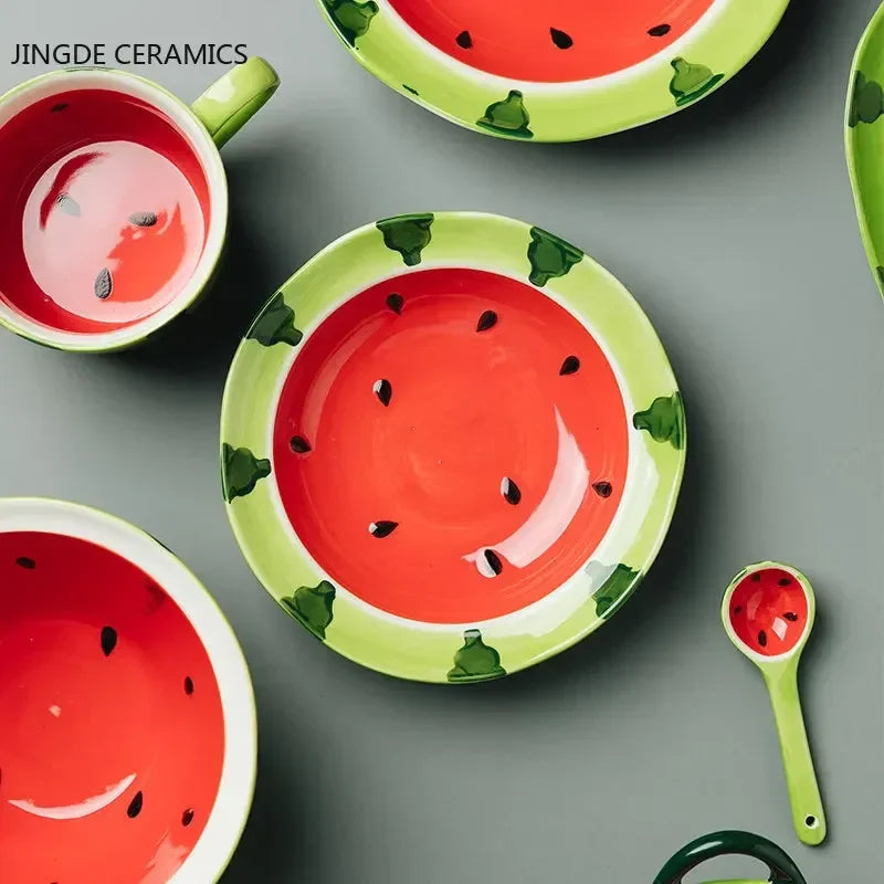 Watermelon Bowl Ceramic Bowl Plate Set Home Ramen Bowl Cute Hand-painted Tableware Children’s Rice Bowls Kitchen