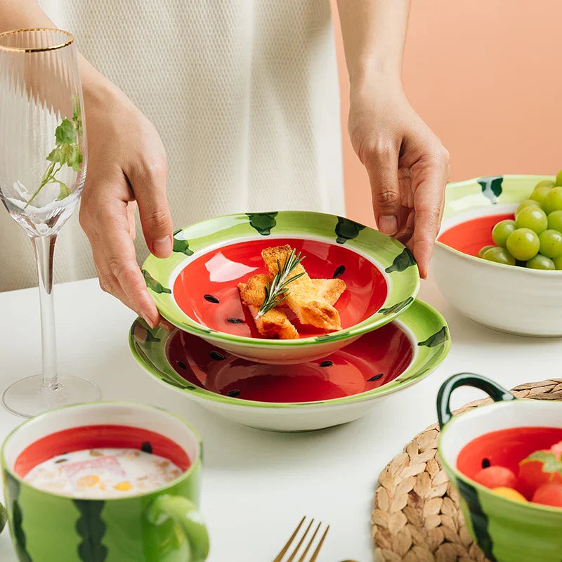 Watermelon Bowl Ceramic Bowl Plate Set Home Ramen Bowl Cute Hand-painted Tableware Children’s Rice Bowls Kitchen