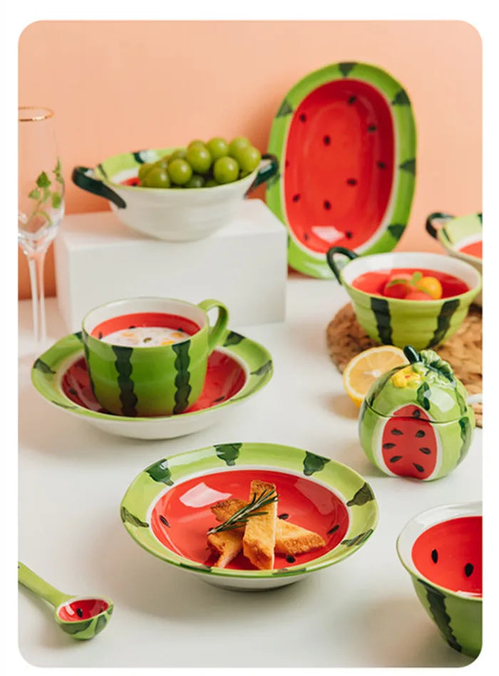 Watermelon Bowl Ceramic Bowl Plate Set Home Ramen Bowl Cute Hand-painted Tableware Children’s Rice Bowls Kitchen