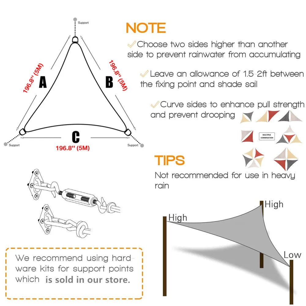 Waterproof Triangle Sun Shade Sail Canopy 98% UV Block Sun Shelters For Outdoor Facility&Activities Backyard Awning