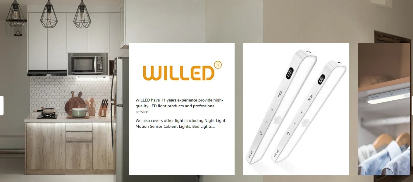 WILLED Motion Sensor Cabinet Light Battery Display 60 LED Touch Light Bar Wireless Rechargeable Battery Night Light