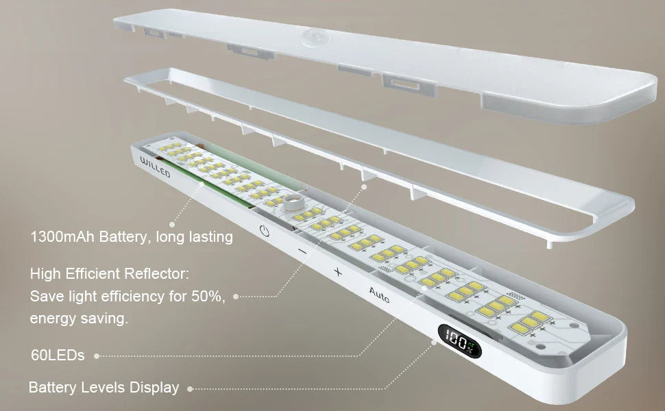 WILLED Motion Sensor Cabinet Light Battery Display 60 LED Touch Light Bar Wireless Rechargeable Battery Night Light