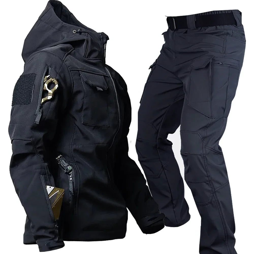 Winter Outdoor Waterproof Suits Men Tactical Windproof Hooded Jacket Fleece Warm Pants Multi-pocket Thermal Sets Autumn