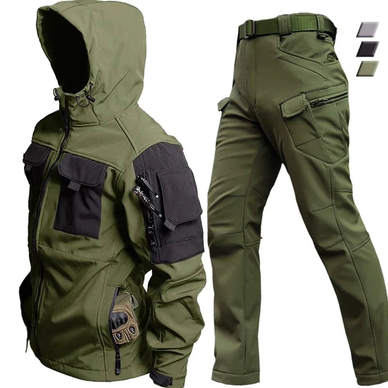 Winter Outdoor Waterproof Suits Men Tactical Windproof Hooded Jacket Fleece Warm Pants Multi-pocket Thermal Sets Autumn