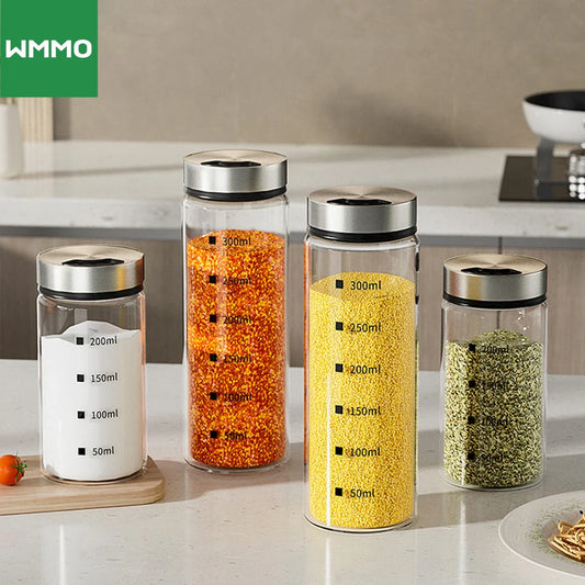 WMMO High Borosilicate Glass Spice Shaker with Stainless Steel Cover Dust and Insect Proof Adjustable Spice Jar Kitchen